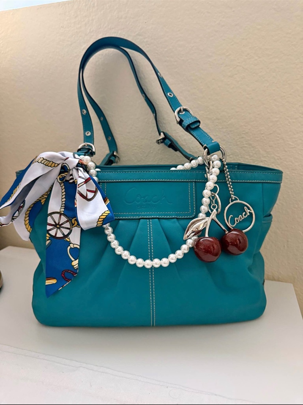 Authentic Coach Teal Turquoise Leather Pleated Gallery Tote – styled w/ a scarf